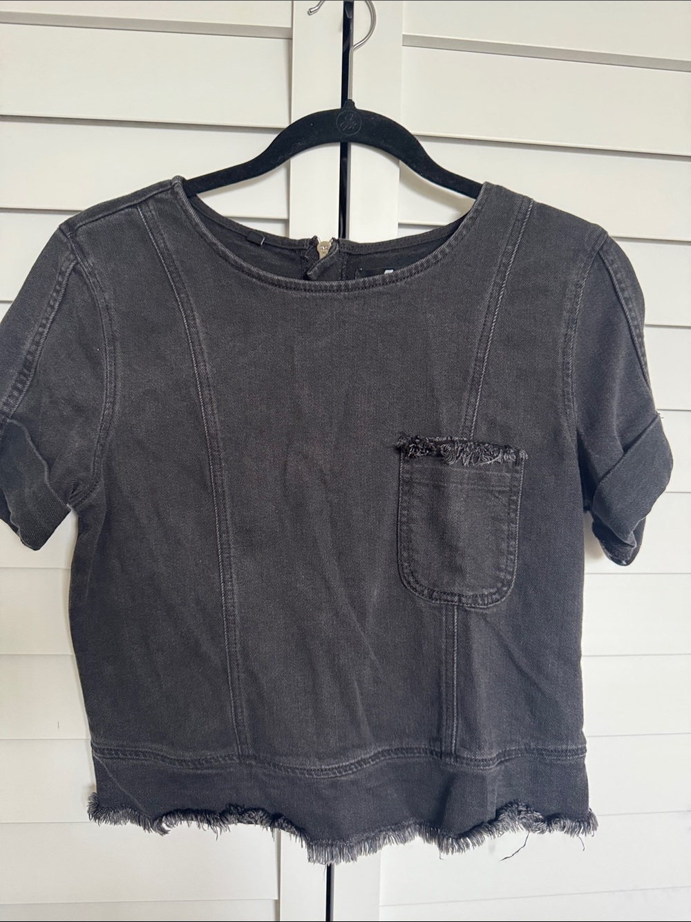 7 For All Mankind Washed Black Short Sleeve Frayed Pocket Top